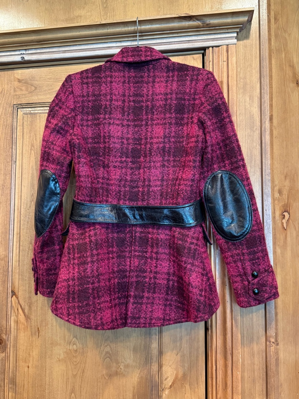 SMYTHE Les Vestes Burgundy Plaid Wool Blend Leather Trim Blazer Jacket Size 8 - Picture 3 of 4